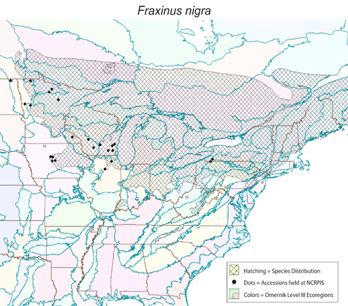 Fraxinus nigra - distribution, collected sites, Omernik Level III ecoregions.