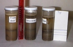 image of three soil samples in jars with added water. Paper with soil layers shown.