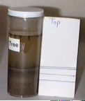 Image of soil sample in jar with water. Paper with soil layers shown.