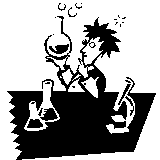 cartoon drawing of a scientist working with flask and microscope
