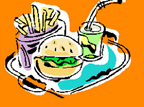 Graphic of hambuger, fries and drink on a tray