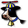 Animated cartoon, cow wearing rotating beenie hat