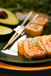 Photo: A carrot-ginger wrap around a "sunny California roll." Link to photo information