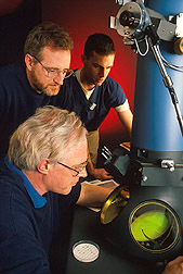 Microbiologist Thomas Burrage uses an electron microscope