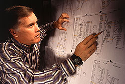 Photo: ARS geneticist Perry Cregan examines a genetic map of soybeans. Link to photo information
