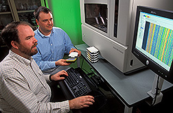 Curt Van Tassell and Tad Sonstegard load a high-capacity DNA sequencer. Link to photo information