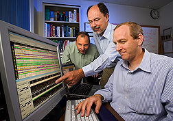 Three scientists view DNA data displayed on computer screen. Link to photo information