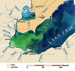 Photo: A satellite image of Lake Erie from September 2011, overlaid on a map of the lake and its tributaries showing an algal bloom in green. Link to photo information