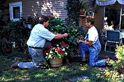 Horticulturist Scott Aker discusses pest problems with a neighborhood resident who volunteered her yard as a case study.