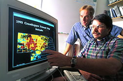 Entomologist and computer specialist use a computer program to check grasshopper forecast. 