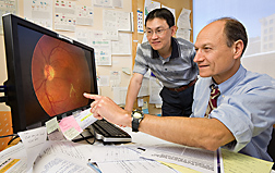 Photo: Epidemiologist Chung-Jung Chiu (left) and biochemist Allen Taylor review a close up image of the retina of a patient with macular degeneration. Link to photo information