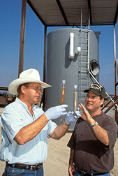 Entomologists Elmer Ahrens (left) and Ronald Davey compare a sample of biofiltered coumaphos dip with untreated solution.