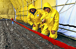 Agricultural engineer Wilkins (left) and technician Goller look for water leaks along a test plot under a rainfall simulator.