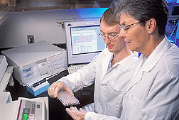 Physiologist Marta Van Loan (right) and chemist Erik Gertz examine a tray of serum samples to be analyzed for markers of bone formation and resorption.