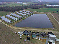 Overhead photo showing a full-scale wastewater treatment system and former swine lagoon. Link to photo information