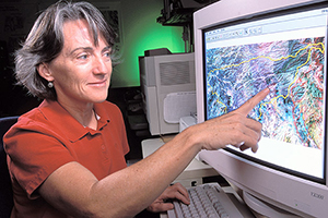 Hydrologist Susan Moran assesses the condition of grassland from an image produced by a satellite sensor.