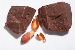 Two chunks of chocolate and peanuts with skins.