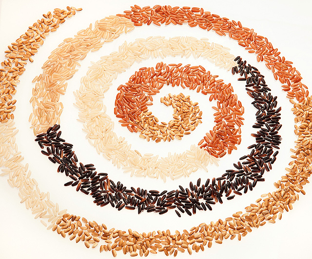 Swirls of colored rice bran: white, light brown, brown, red, and purple/black    