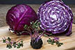 Red cabbage microgreens and mature red cabbage.