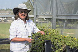 A scientist standing next to a plant in a greenhouse