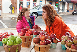 A mother and daughter admire apples from a vendor at a farmers market .