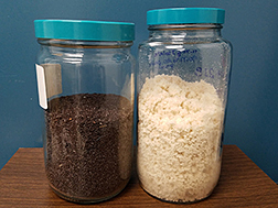 A jar of pennycress seed next to a jar of pennycress protein isolates.