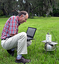 Samuel Coleman uses a hyperspectral spectroradiometer to measure light reflectance from the forage canopy.
