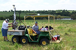 Mike Murphy and Rob Erskine measure soil moisture in a field.