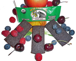 Display of fruit bars and the fruits from which they are made.