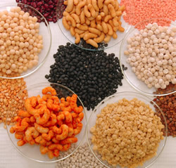 Variety of legume snacks and the legumes from which they were made. 