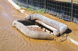 Photo: Filter sock filtering runoff before the water goes down a storm drain.