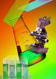 Photo: Montage of laboratory glassware and a microscope.