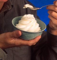 A bowl and spoonful of soft-serve ice cream