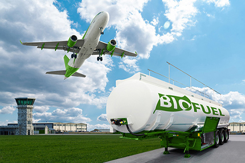Illustration of an airplane flying over a fuel tanker labeled Biofuel