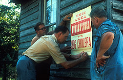 photo of quarantine poster being put on building