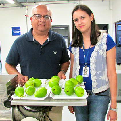 Drs. Atanu Biswas and Roselayne Furtado with apples coat in a biopolymer coating to  increase their shelf life 